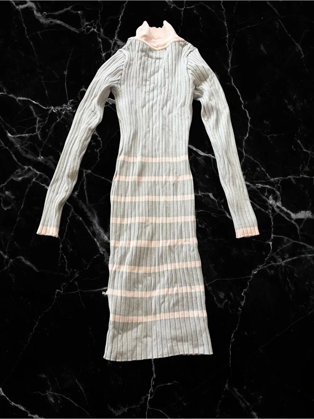 Striped Ribbed Knit Bodycon Dress in Light Pink and Grey